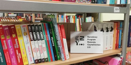 Powiększ grafikę: Nowości książkowe rozłożone na półce. Logo Narodowego Programu Rozwoju Czytelnictwa 2.0