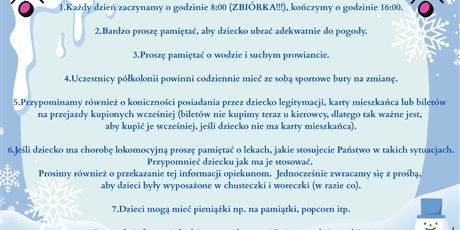 Powiększ grafikę: Na niebieskim tle ozdobionym śnieżynkami i bałwankiem po bokach tekst dotyczący organizacji półkolonii zimowych.