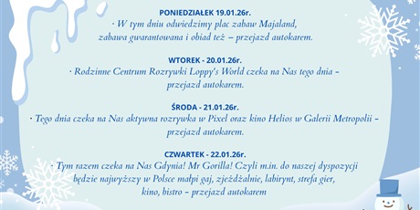 Powiększ grafikę: Na niebieskim tle ozdobionym śnieżynkami i bałwankiem po bokach tekst dotyczący organizacji drugiego tygodnia półkolonii zimowych.