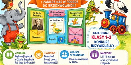 Powiększ grafikę: W środku otwarty lapbook a w nim wizerunek Jana Brzechwy, kaczka dziwaczka. Po prawej stronie bocian, świerszcz. Po lewej słoń, żaba i ptak siedzący na głowie słonia.