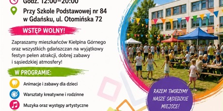 Powiększ grafikę: Plakat informujący o Festynie Sąsiedzkim. Po prawej w okrągłej ramce zdjęcie z festynu, po lewej tekst.