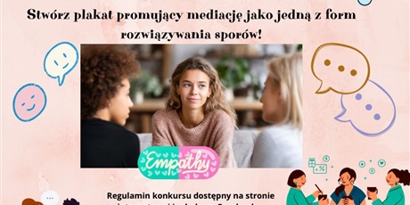 Powiększ grafikę: Zdjęcie trójki osób rozmawiających ze sobą. Naokoło zdjęcia różowe tło z informacjami dotyczącymi konkursu. Po prawej na dole rysunek trzech rozmawiających osób, po lewej na dole rysunek dwóch osób.