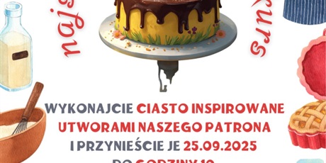 Powiększ grafikę: Na środku stoi na paterze tort oblany czekoladą, a na nim biedronka. Naokoło tortu rozrzucone produkty spożycze i przyrządy kuchenne.