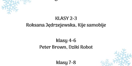 Powiększ grafikę: Wypisana lista lektur na grudzień w otoczeniu płatków śniegu w lewym górnym i prawym dolnym rogu.