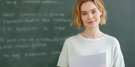 Powiększ grafikę: Dziewczyna stoi po prawej i trzyma kartkę. W tle zielona tablica kredowa.