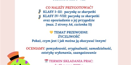 Powiększ grafikę: Na różowym tle kolorowe ogłoszenie na temat konkursu. W rogach skarpetki.