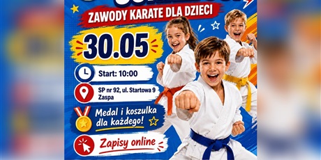 Powiększ grafikę: Plakat o zawodach karate. Po lewej tekst, po prawej troje dzieci - jedna dziewczynka i dwóch chłopców w kimonach.