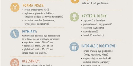 Powiększ grafikę: Plakat z regulaminem konkursu "Gdańskie kamieniczki". Założenia regulaminu wypunktowane różnymi kolorami.