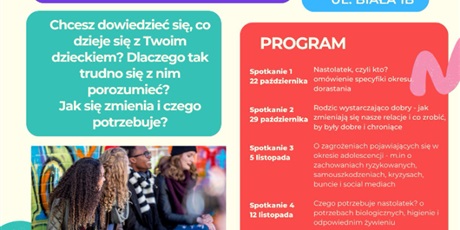 Powiększ grafikę: Po lewej na dole zdjęcie nastoletnich uczniów. W różnokolorowych kwadratach informacje na temat warsztatów dla rodziców.