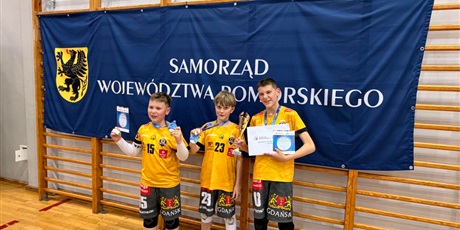 Powiększ grafikę: Trzech chłopców w koszulkach klubu Trefl Gdańsk stoi razem na tle baneru Samaorządu Województwa Pomorskiego (po lewej czarny gryf na żółtym tle). Trzymają nagrody.