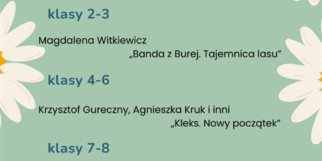 Powiększ grafikę: Napis - ostatni test z Maratonu Czytelniczego i lista lektur poniżej. Po obu stronach obrazka stokrotki.