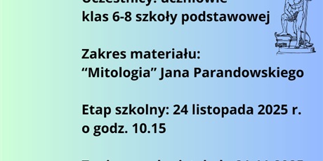 Powiększ grafikę: Ogłoszenie o konkursie w formie A4. Centralnie umieszczony tekst. Po obu bokach ilustracje z mitów.