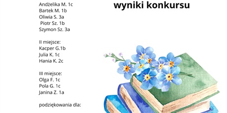 Powiększ grafikę: Lista nagrodzonych w konkursie osób. Z prawej strony trzy zamknięte książki przyozdobione niebieskimi kwiatkami.