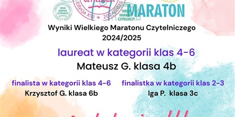 Powiększ grafikę: Lista laureatów i finalistów Wielkiego Maratonu Czytelniczego. Nad nazwiskami pieczątki WMC. Tło w kolorowe plamy.