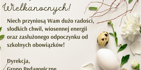 Powiększ grafikę: Po lewej życzenia Wielkanocne, po prawej jajeczka, gałązki i  biały kwiat.