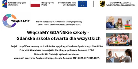 Powiększ grafikę: Plakat dotyczący projektu Golden Five. Po lewej stronie takst i logo, po prawej w słupku trzy zdjęcia dzieci id orosłych podczas realizacji programu.