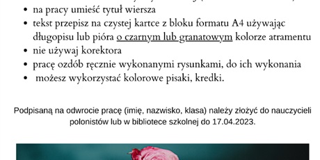 Powiększ grafikę: Ogłoszenie o konkursie kaligraficznym związanym z twórszością Szymborskiej. Treść ogłoszenia w górnej połowie strony, w dolnej ilustracja - otwarta książka, na której leży różowa róża.